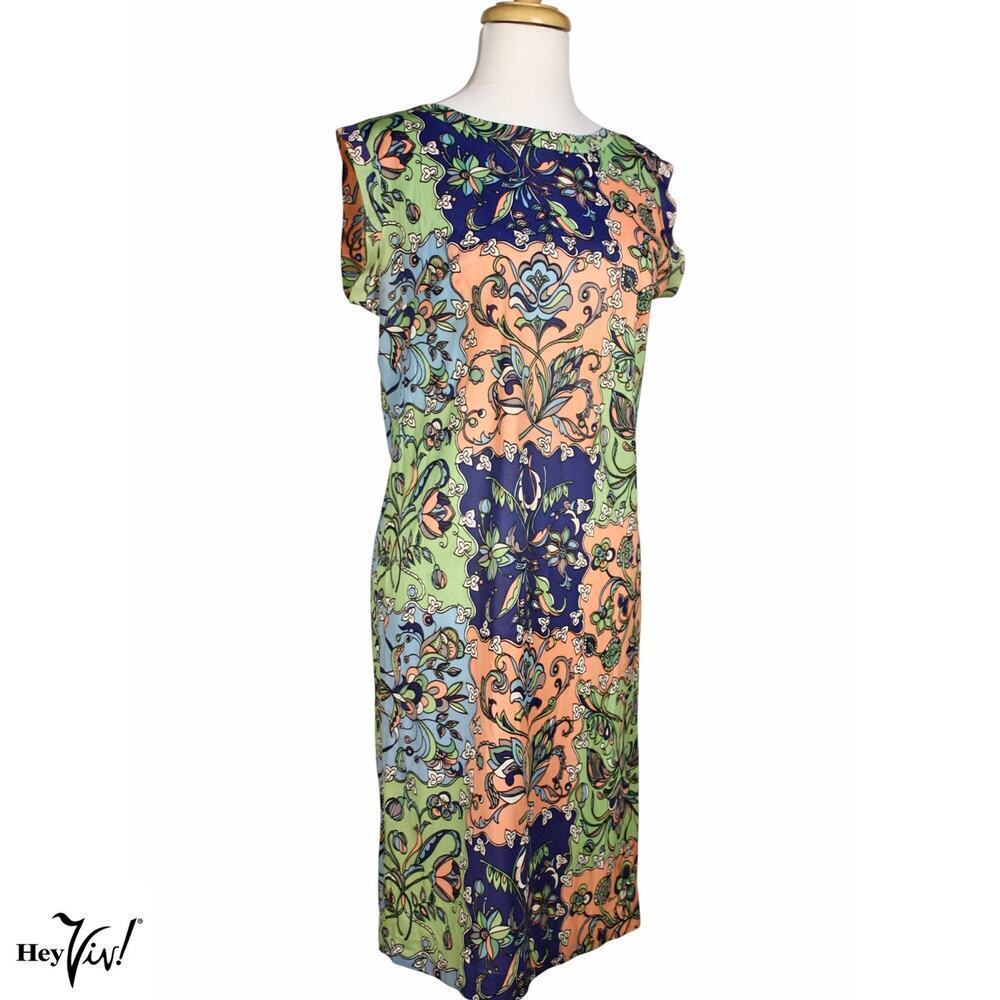 Vintage Mod Sheath Dress Bright Floral Stretch Knit Size Large B36 W36 - Hey Viv